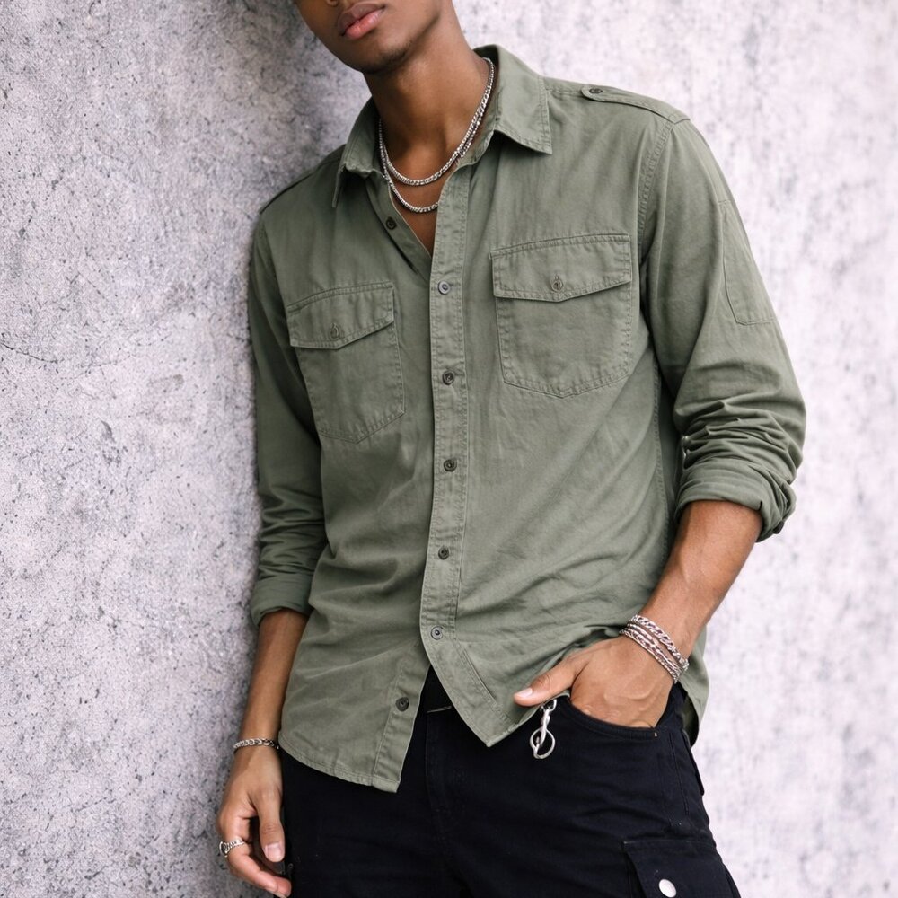 Utility Army Green Button-Up Shirt | Military Style | Streetwear Fit Size L